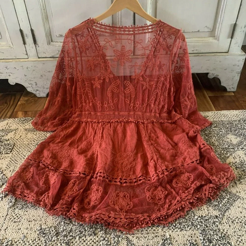 New Red Lace Crochet Boho Folk Tunic Blouse Top Cover-Up Womens - Picture 7 of 9